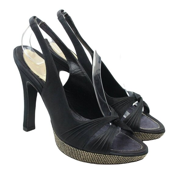 Rene Caovilla Black Satin Crystal Jewel Slingback Open Toe Platform Heels - Picture 1 of 12